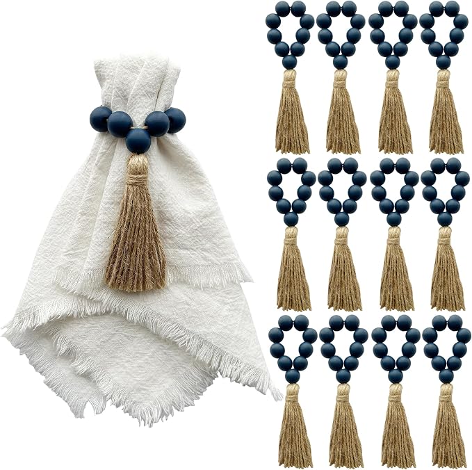 Napkin Rings Set of 12, Wooden Bead Elastic Tassel Napkin Ring | Tassel Napkin