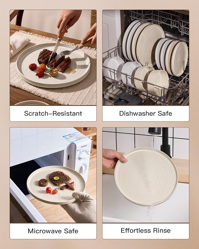 Stoneware Dinnerware Sets for 4, Reactive Glaze Plates & Bowls, Shell Beige |
