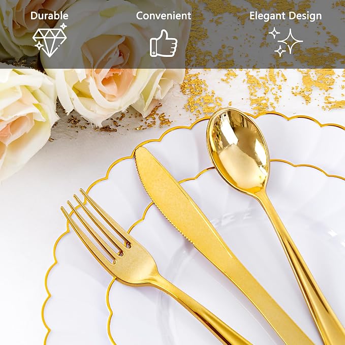 YOUBET 350PCS White and Gold Scalloped Plastic Plates
