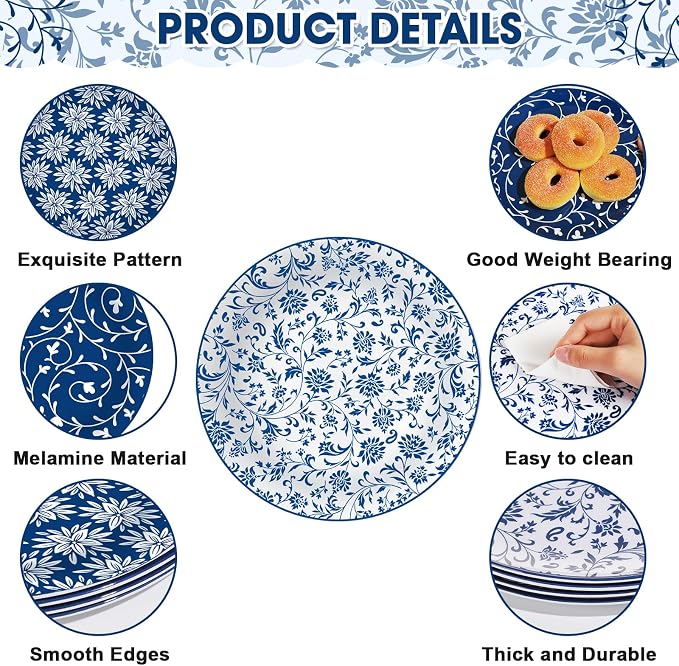 4 Set 10 Inch Blue White Porcelain Dinner Plates Melamine Blue White Floral