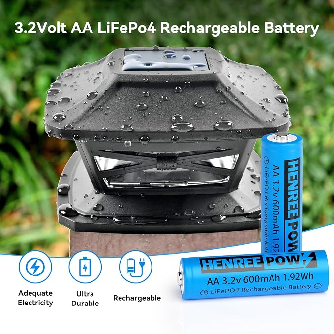 Henreepow AA 3.2v Solar Rechargeable Batteries, LiFePo4 Double A 600mAh 3.2v