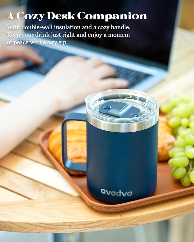 12oz Insulated Coffee Mug with Lid – Includes Two Lids, Stainless Steel Coffee