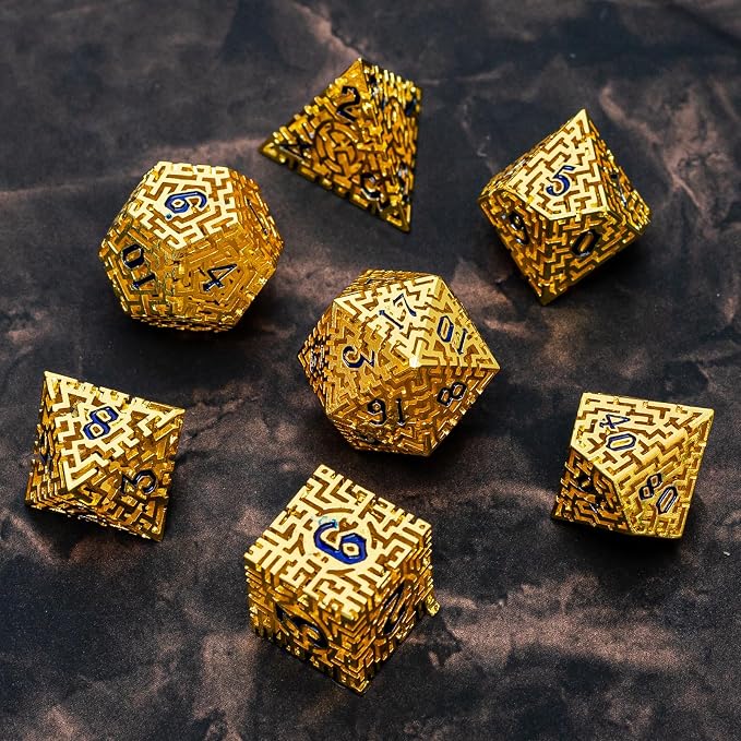 Golden Metal Hollow DND Dice Set Metallic Luster Maze Design