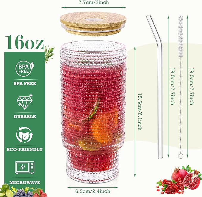 16 Oz Glass Cup with Lid and Straw, Vintage Embossed Glassware
