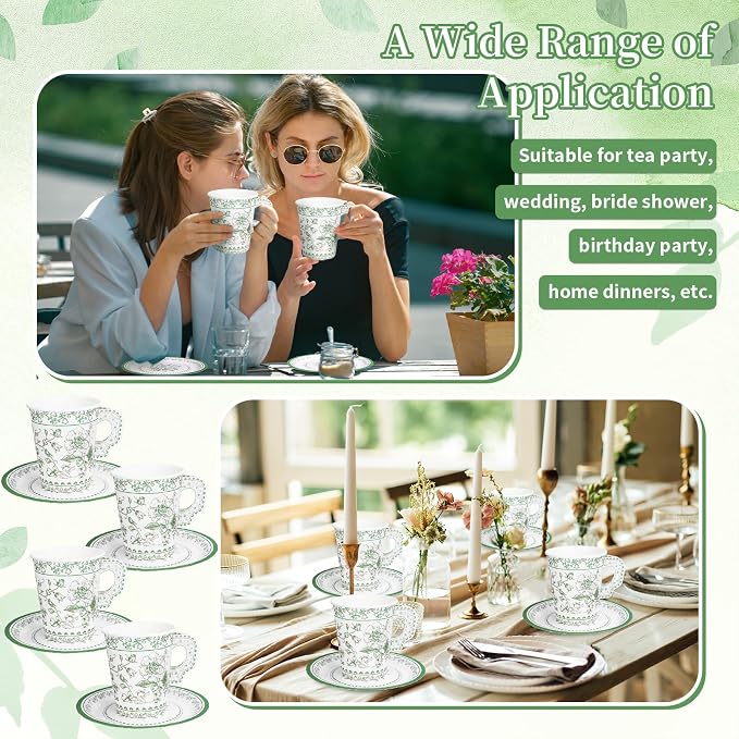 Whaline 80 Pcs Green White Floral Paper Tea Cups and Saucers Porcelain