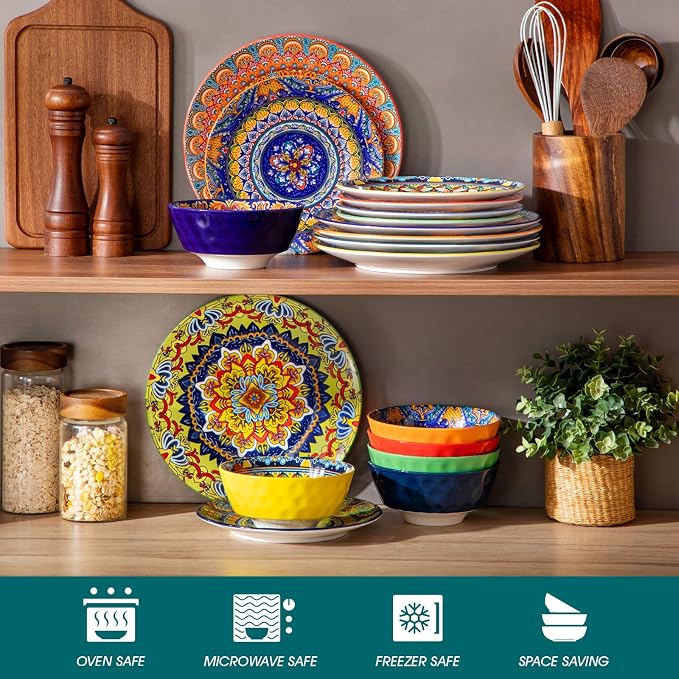 vancasso 18 Pieces Plates and Bowls Set, Bohemian Style Dinnerware Sets Service