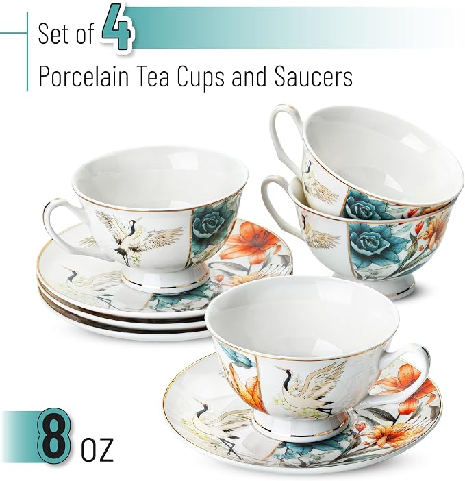 BTaT- Floral Tea Cups and Saucers Set of 4, Porcelain Tea Cup Sets