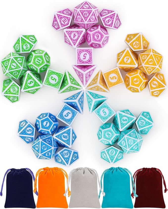 CiaraQ DND Dice with 5 Pouches, 5 Sets of Retro Polyhedral Dice