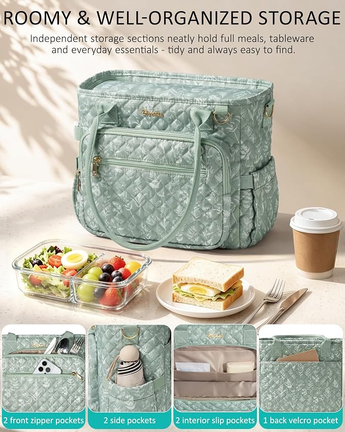 Lunch Box for Women Insulated Lunch Bag Quilted Soft Cooler Tote | 7 Pocket