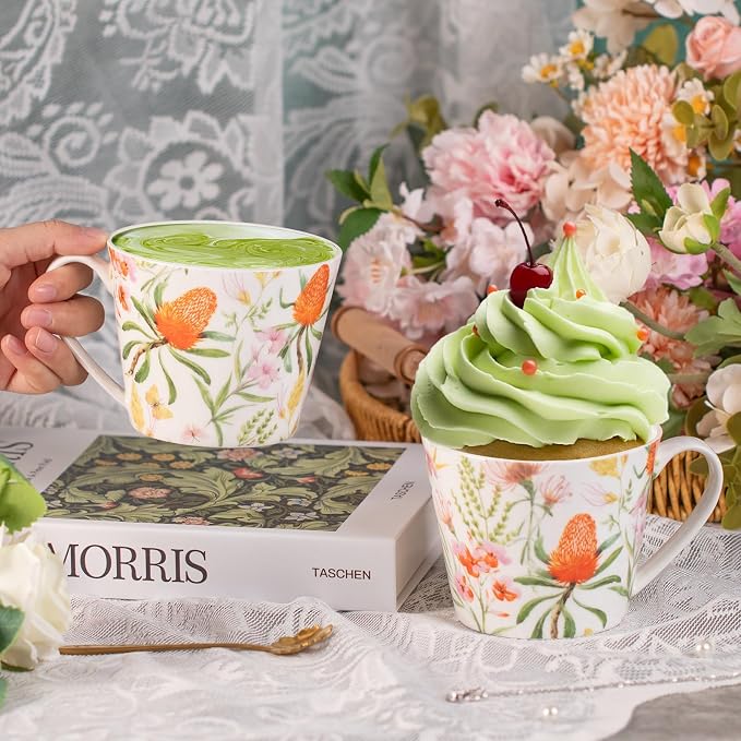 KAMMAK Bone China Coffee Mugs, 16oz Floral Tea Cups