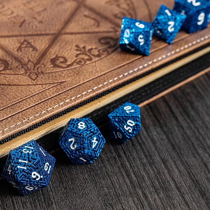 Blue Metal Hollow DND Dice Set Metallic Luster Maze Design