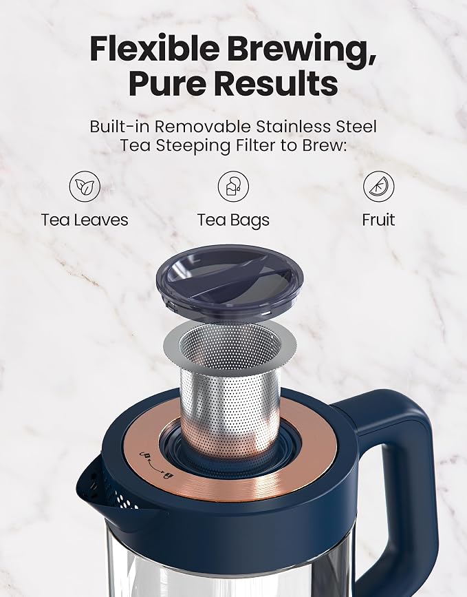 Viante Alba Electric Tea Kettle, No Plastic, Midnight Blue | Borosilicate glass