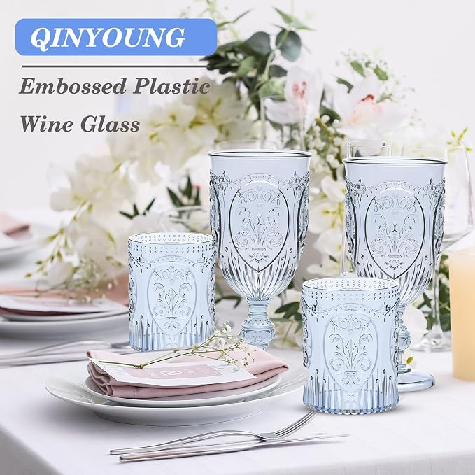 Qinyoung 48 Plastic Vintage Drinking Glasses 8.5oz Stemless Retro Embossed Wine