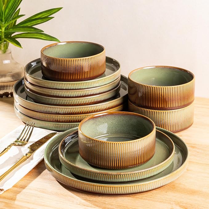 Ceramic Dinnerware Set for 4, 12-Piece Plates and Bowls Set | Lightweight