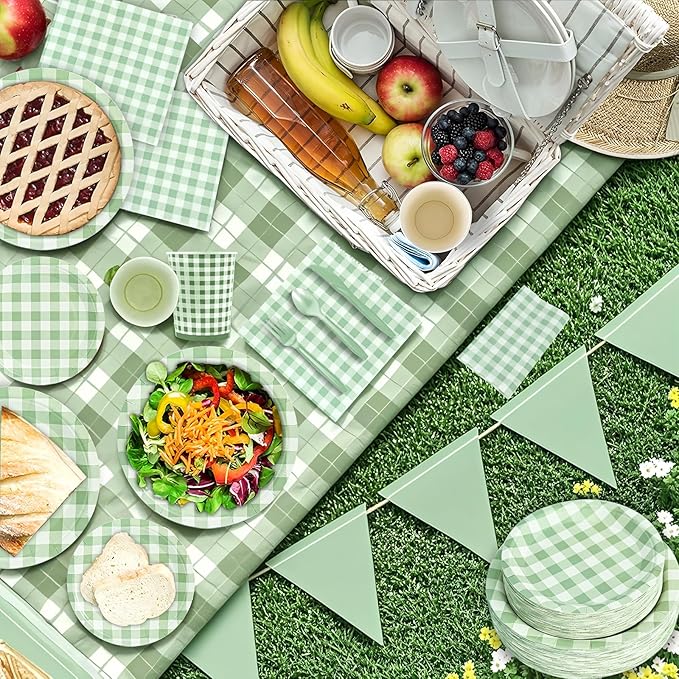 180Pcs Green Gingham Party Supplies Paper Plates and Napkins Serve 60 |