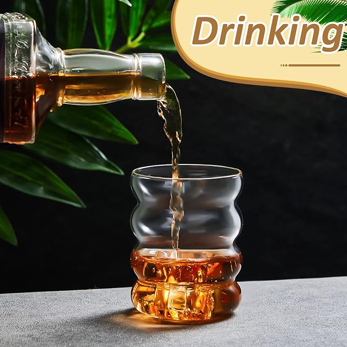 Cunhill 2 Pcs Wave Glass Cup 10 oz Ribbed Bubble Drinking Glassware Creative