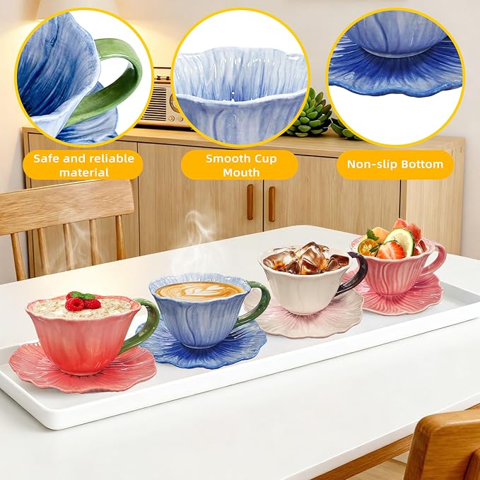 10 oz Tea Cups and Saucers, Ceramic Flower-shaped Cappuccino Cup, Latte Cup and