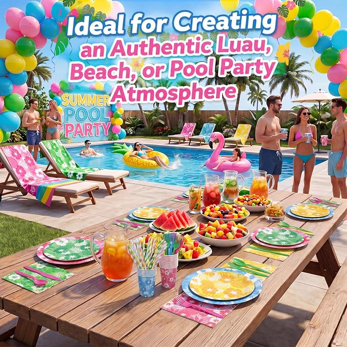 450 Pcs Hawaiian Luau Tableware Set Decorations, Serves 50 | Aloha Tropical