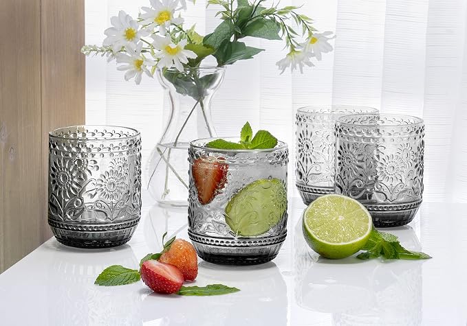 Red Co. Vintage Botanist Drinking Glass Set, Luxurious Floral Embossed