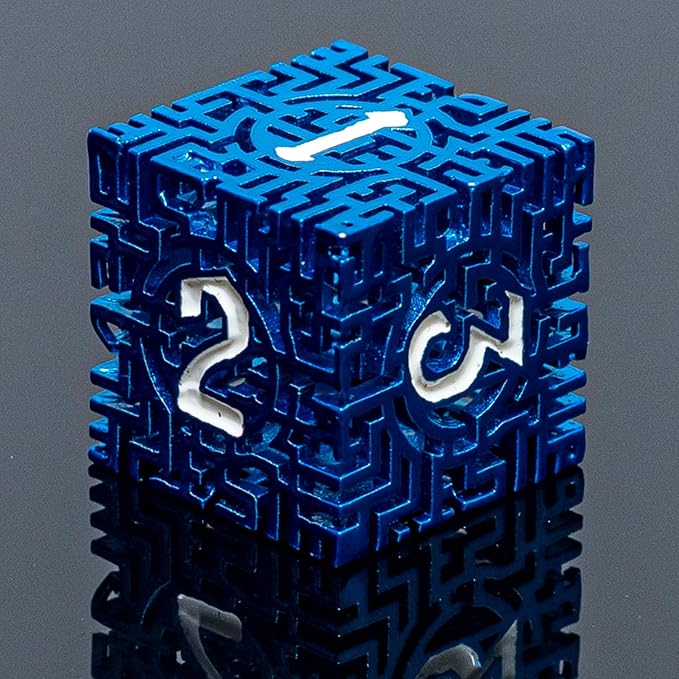 Blue Metal Hollow DND Dice Set Metallic Luster Maze Design