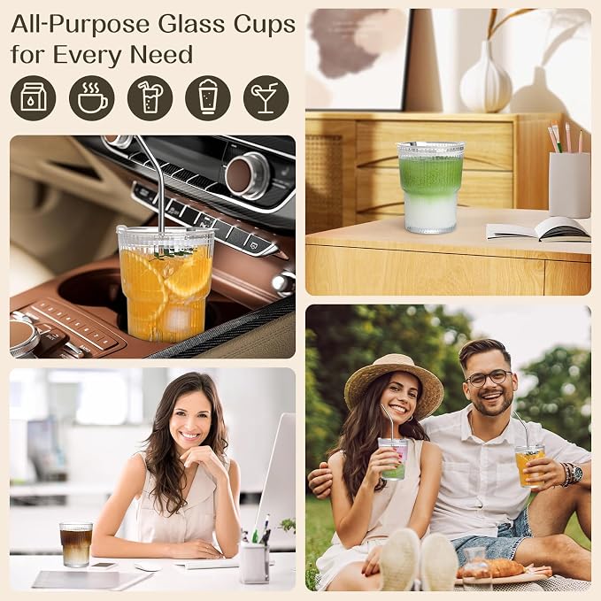 13oz Iced Coffee Cups, Reusable Tumbler Glass to Go Cup