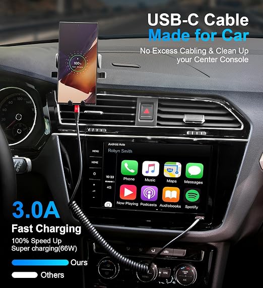 Coiled USB A to USB C Cable for Car 6FT 2Pack USB C Charger Cable Fast Charging