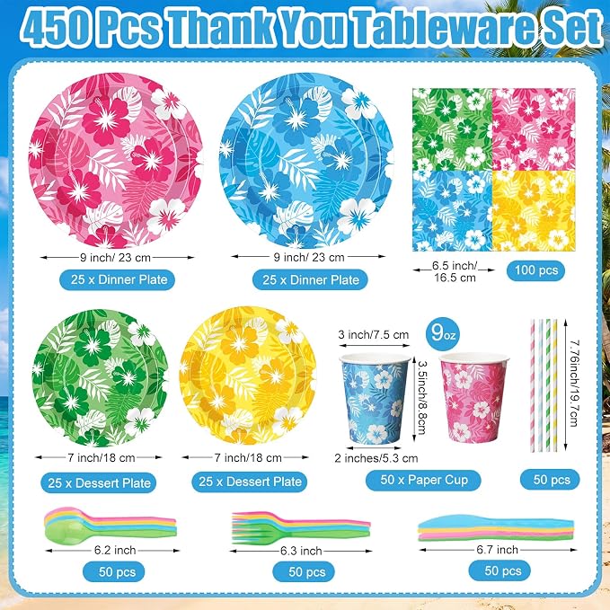 450 Pcs Hawaiian Luau Tableware Set Decorations, Serves 50 | Aloha Tropical