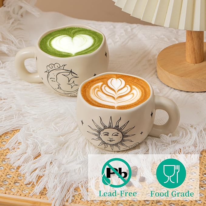 4pcs Boho Style Ceramic Moon and Sun Mugs, 9.4OZ Cute Coffee Cup Set, Matte