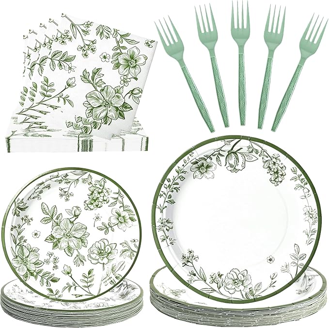 100 Pcs Disposable Sage Green Flower Tableware Set