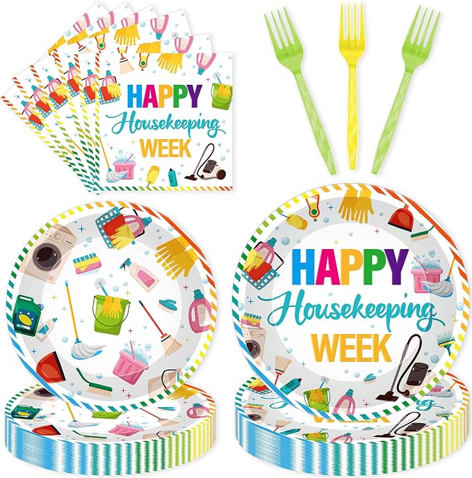 96Pcs Housekeeping Week Decorations, Cleaning Icons Plates Napkins Forks