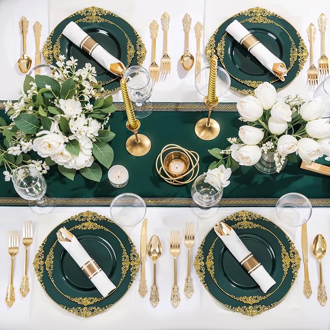 Nervure 350Pcs Green Plastic Plates, Plastic Dinnerware Set