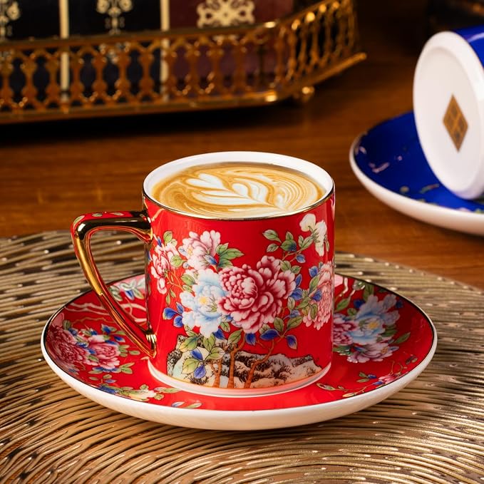 KAMMAK Tea Cup and Saucer, Ceramic Coffee Cups, 7.4 oz, Afternoon Tea and