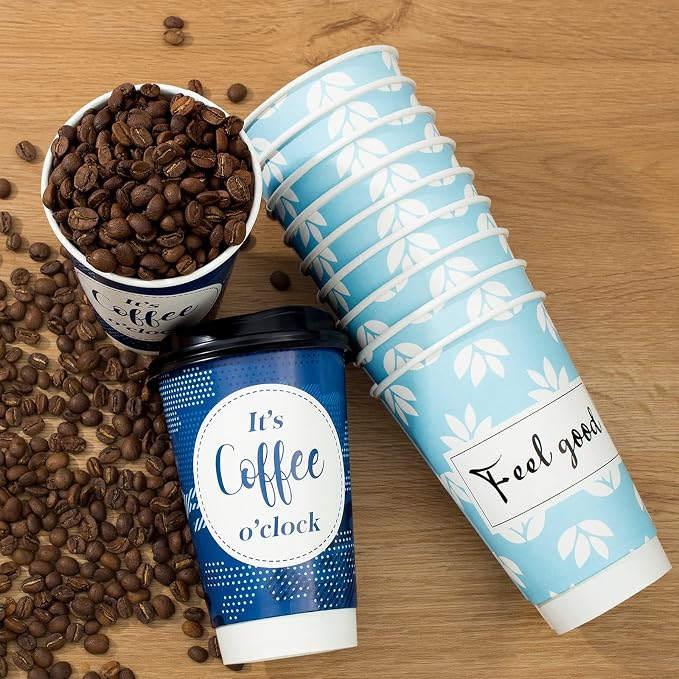 Disposable Coffee Cups with Lids 16 oz, 50 Pack Double-Walled Fun Designs