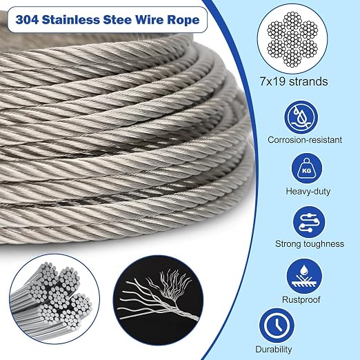 TooTaci 3/16" Stainless Steel Cable, 50ft Wire Rope
