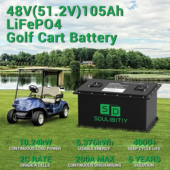48V 105Ah LiFePO4 Lithium Golf Cart Battery, Built-in Smart 200A BMS,