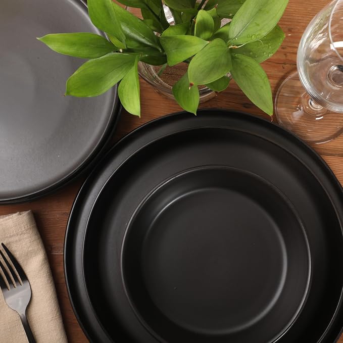 Gibson Elite Bayou Moon Plates and Bowls Sets, 16-Piece Black Matte Stoneware