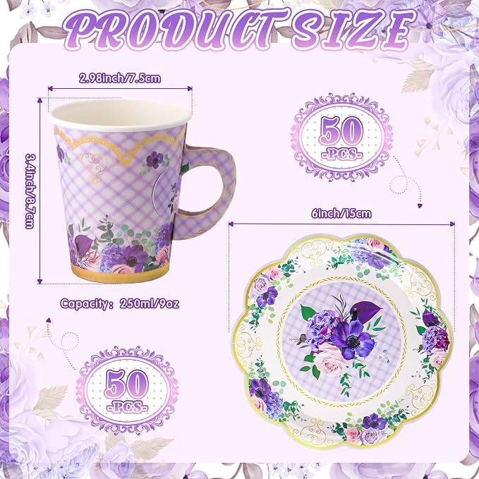 Tioncy 100 Pcs Tea Party Decorations Include 50 Pieces 9 oz Paper Tea Cups