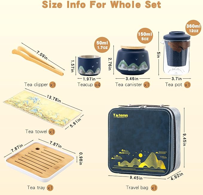 Portable Gongfu Tea Set with Travel Case, Ceramic Tea Set with Glass Teapot