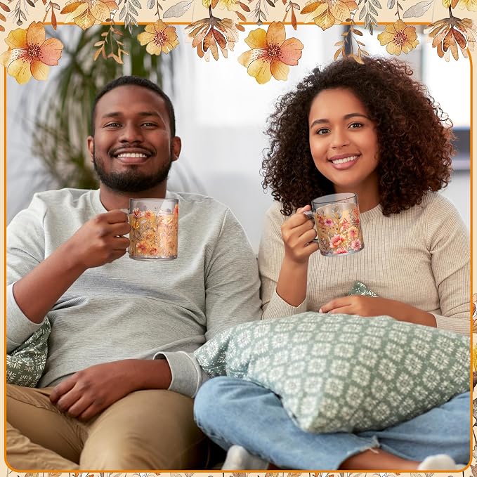Tioncy 4 Pcs Fall Floral Coffee Mugs 12 oz Flower Glass Cups