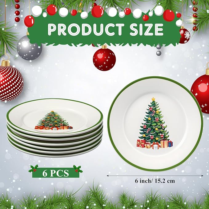Honeydak 6 Pcs 6 Inch Christmas Plates Ceramic Xmas Tree Decorations Porcelain