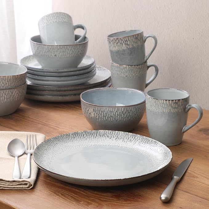 Gibson Elite Jasper 16 Piece Plates and Bowls Reactive Glaze Dishes Stoneware