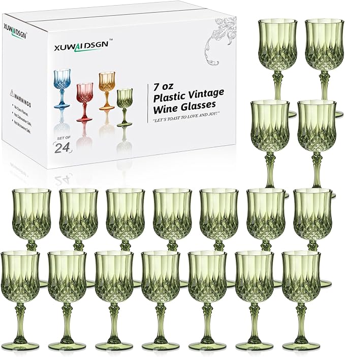 XUWAIDSGN 24 Pcs 7oz Plastic Vintage Wine Glasses Drinking Glasses Unbreakable