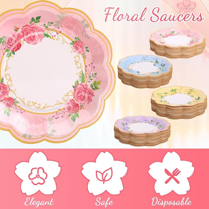 Kochorie 120 Pcs Floral Paper Tea Cups and Saucers 9 Oz Disposable Teacups Bulk