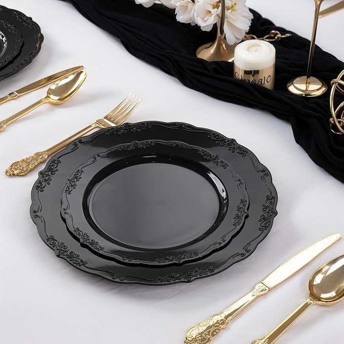 DaYammi 60PCS Black Plastic Plates, Heavy Duty Black Disposable Plates Premium