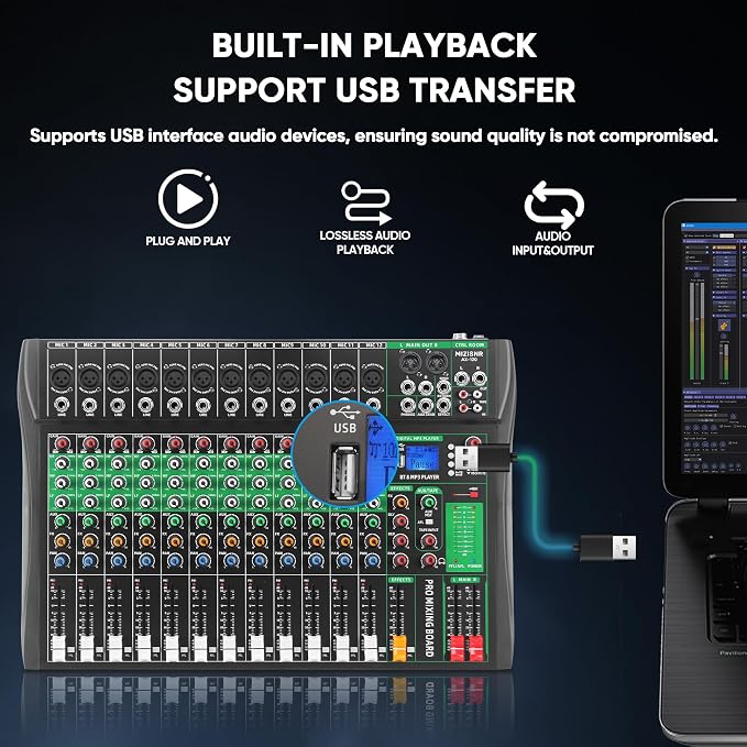 12 Channel Audio Mixer, Professional DJ Mixer Board Sound Music Mixing Console