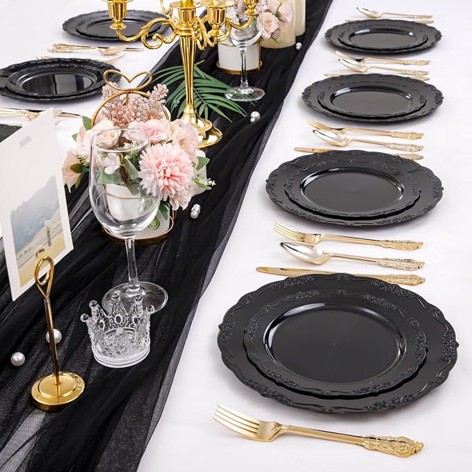 U-QE 100PCS Black Plastic Plates, Heavy Duty Black Plates Including 50PCS 10''