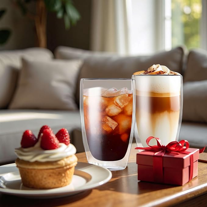 MESNEY 17oz Double Walled Glass Coffee Mugs, Glass Coffee Mugs Set of 2