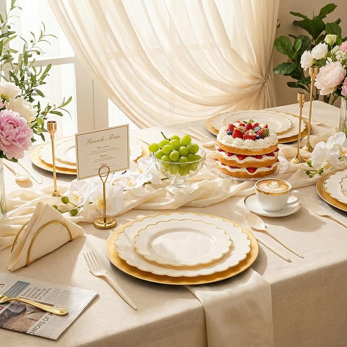 100pcs Scalloped Ivory Gold Plastic Plates, Elegant Party Plates | Includes 50