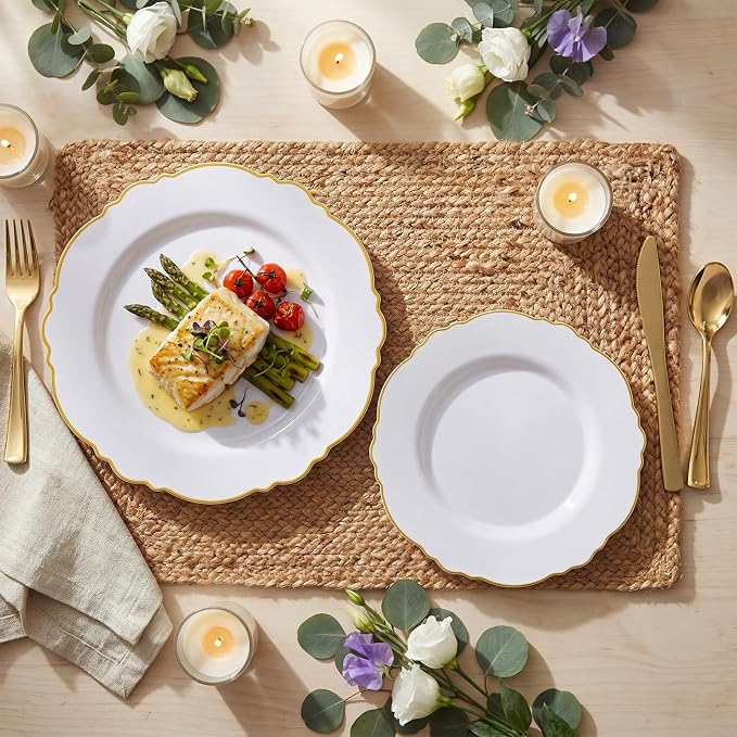 60pcs White and Gold Plastic Plates