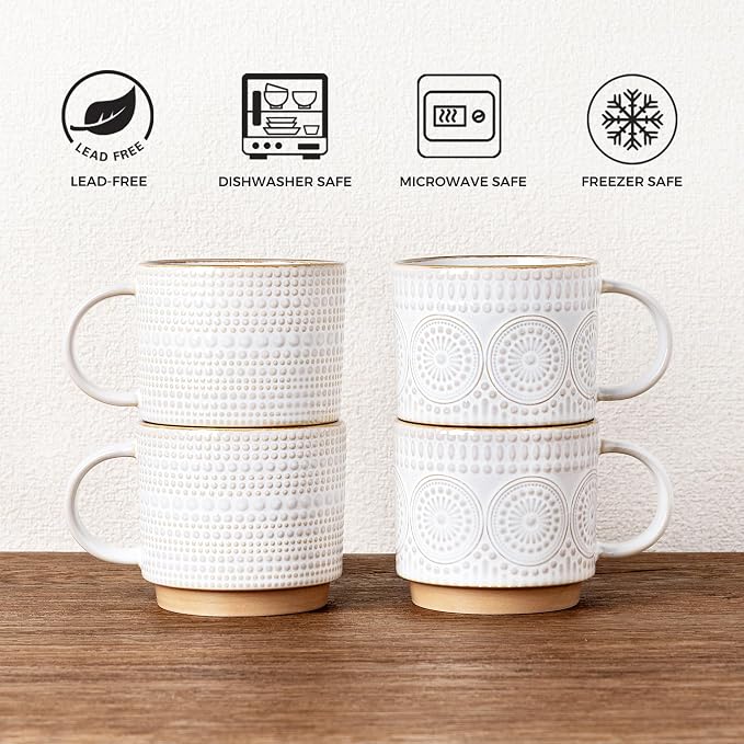 GBhome 12 oz Coffee Mugs Set of 4, Stackable Ceramic Coffee Cups Set | Modern